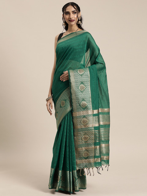 

Mitera Green Striped Cotton Blend Saree