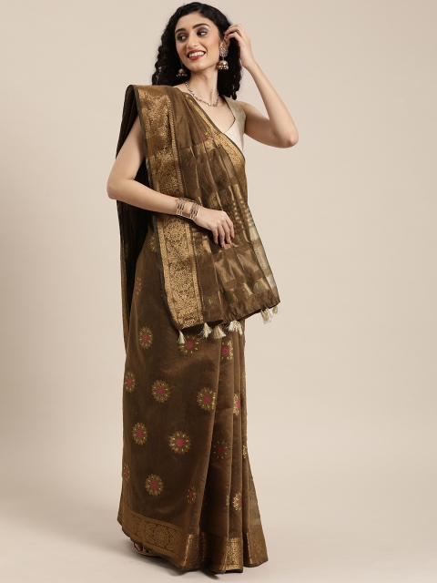 

Mitera Brown & Golden Cotton Blend Woven Design Saree
