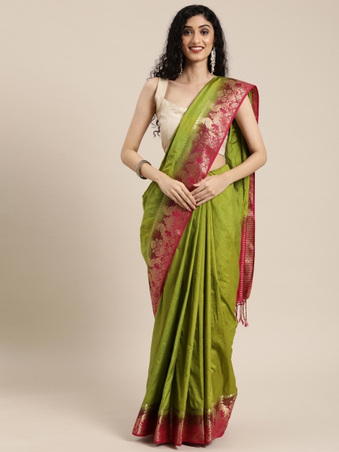 

Mitera Lime Green Solid Cotton Blend Saree