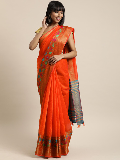 

Mitera Orange Solid Silk Cotton Saree