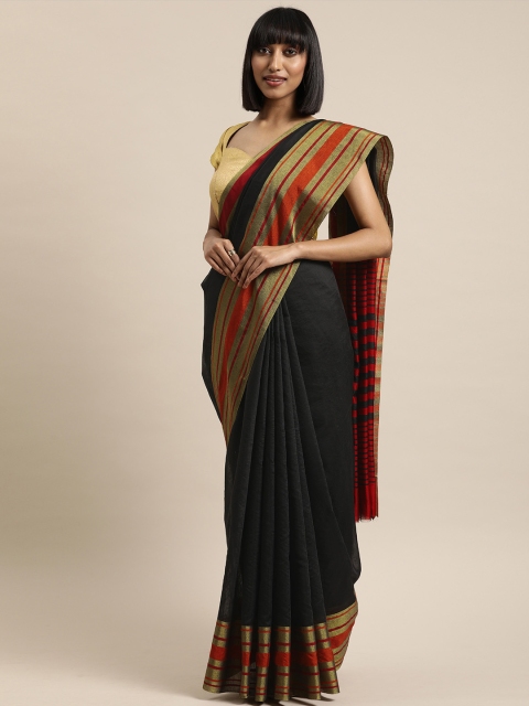 

Mitera Black Solid Silk Cotton Saree with Zari Border