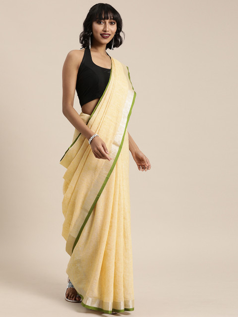 

Mitera Cream-Coloured Solid Linen Blend Saree