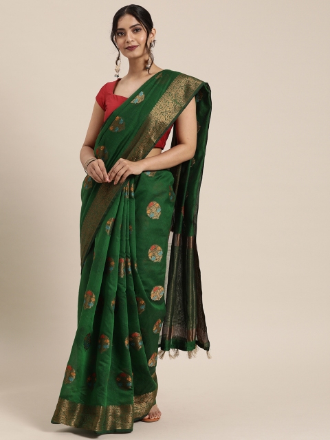 

Mitera Green & Gold-Toned Cotton Blend Woven Design Saree
