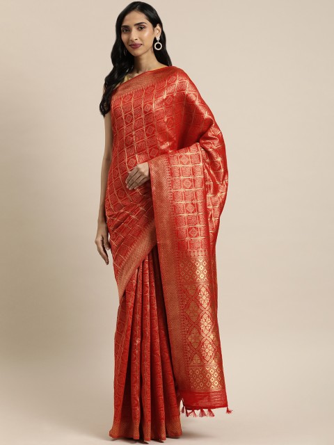 

Mitera Red & Gold-Toned Cotton Blend Woven Design Saree