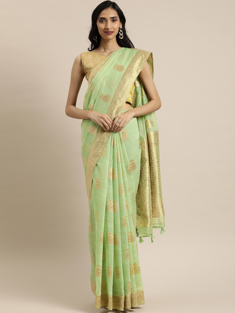 

Mitera Sea Green & Gold-Toned Cotton Blend Woven Design Saree