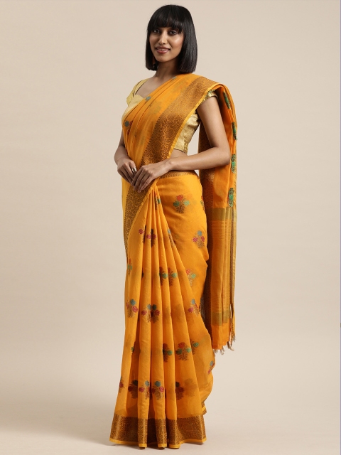 

Mitera Mustard Yellow & Gold-Toned Cotton Blend Woven Design Saree