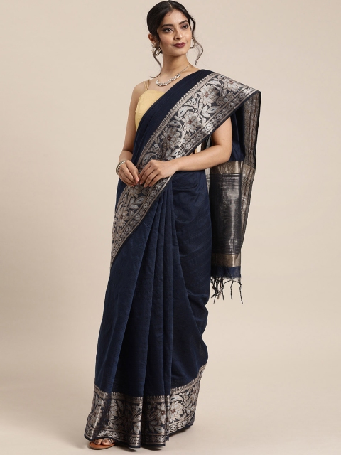 

Mitera Navy Blue Solid Cotton Blend Saree