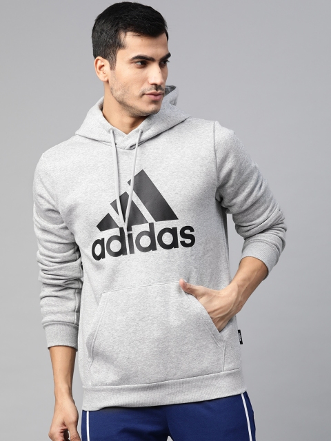 

ADIDAS Men Grey Melange & Black Brand Logo Bos Fleece Hoodie Training Sweatshirt
