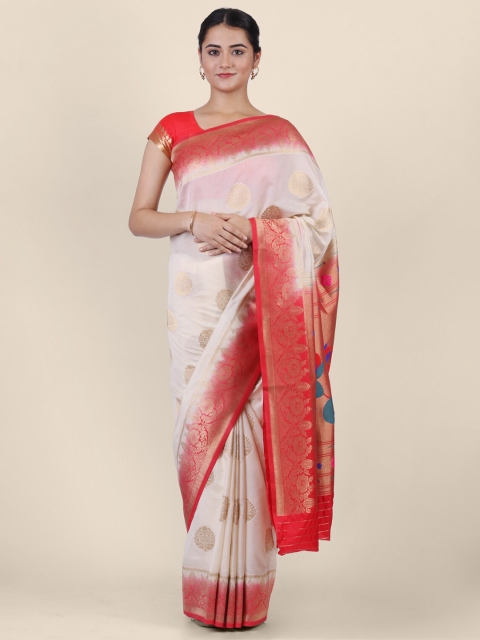 

CLAI WORLD Red & Off-White Silk Blend Woven Design Handloom saree