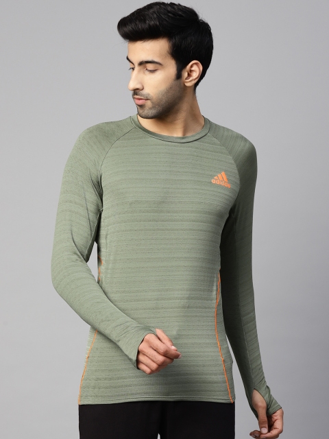 

ADIDAS Men Olive Green Runner Long Sleeves Self-Striped T-Shirt