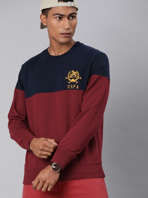 

U.S. Polo Assn. Men Maroon & Navy Blue Colourblocked Pullover Sweatshirt