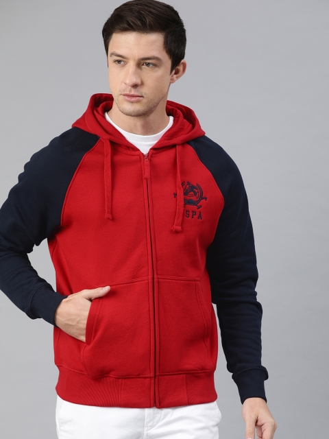 

U.S. Polo Assn. Men Red Solid Hooded Contrast Sleeves Sweatshirt