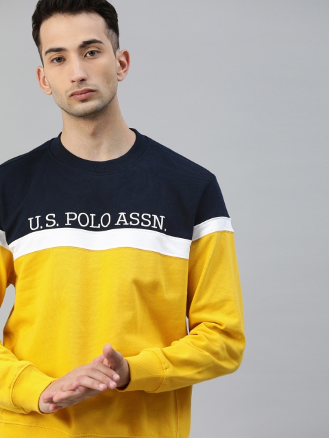 

U.S. Polo Assn. Men Yellow & Navy Blue Colourblocked Sweatshirt