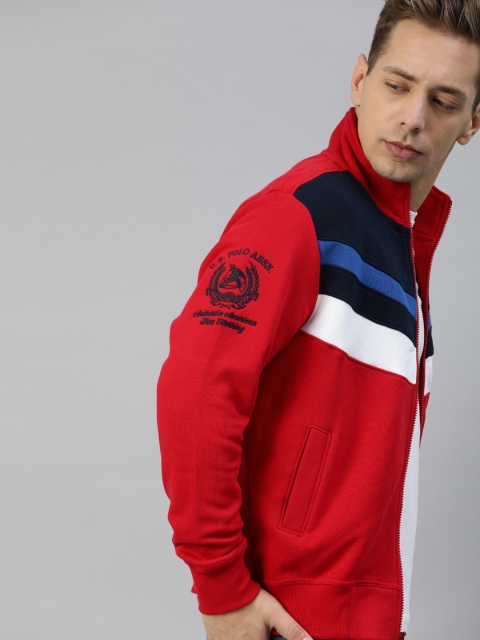 

U.S. Polo Assn. Men Red Colourblocked Front-Open Sweater