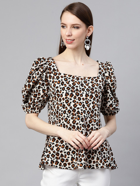 

plusS Women White & Black Animal Printed Peplum Top