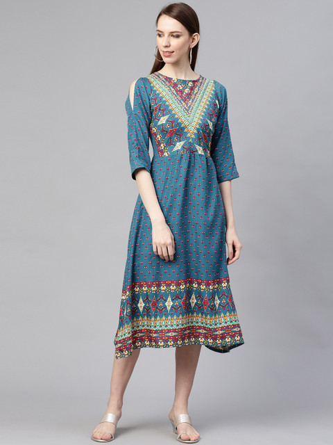 

plusS Women Blue & Pink Printed Cold-Shoulder A-Line Dress
