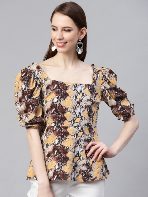 

plusS Women Mustard Yellow & Brown Snake Printed Peplum Top