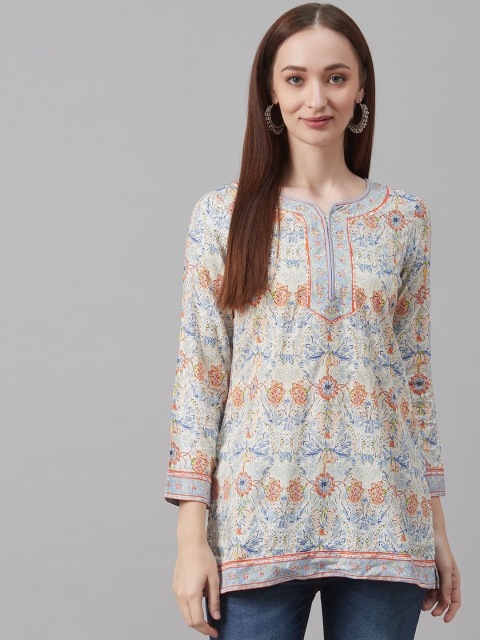 

Biba Women Off-White & Blue Floral Print Straight Kurti