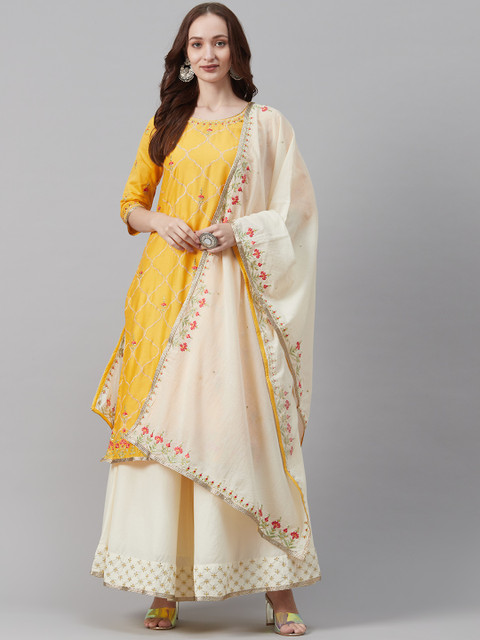 

Biba Women Yellow & White Embroidered Kurta with Palazzos & Dupatta
