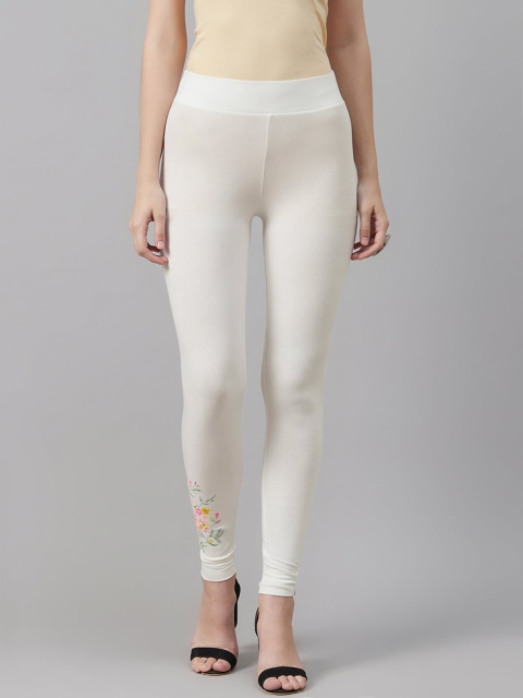 

Biba Women White Solid Ankle Length Leggings with Floral Print Detail