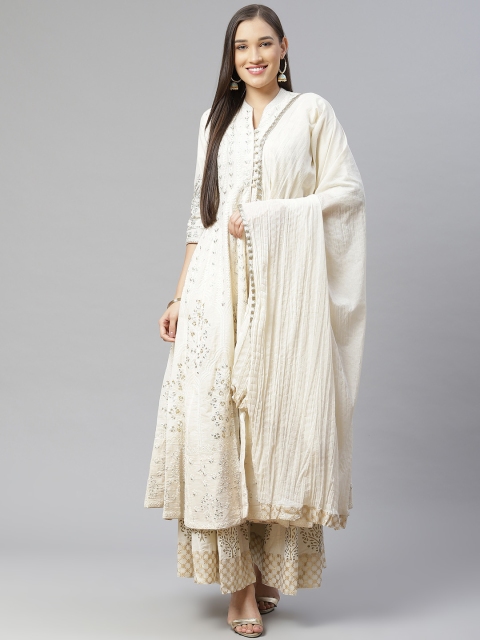 

Biba Women Off-White & Golden Embroidered Kurta with Skirt & Dupatta