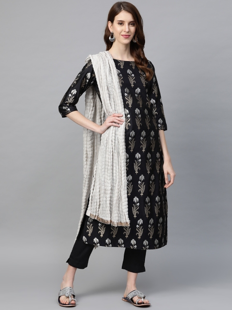 

Biba Women Black & Golden Floral Printed Kurta with Trousers & Dupatta