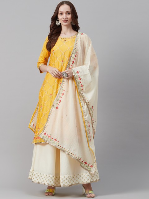 

Biba Women Yellow & White Embroidered Kurta with Palazzos & Dupatta