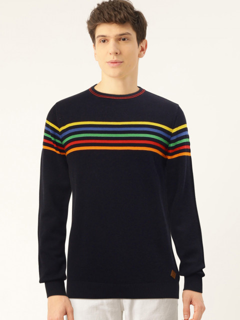 

United Colors of Benetton Men Navy Blue Striped Detail Pullover