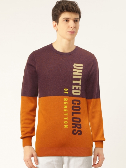 

United Colors of Benetton Men Burgundy & Rust Orange Colourblocked Pullover