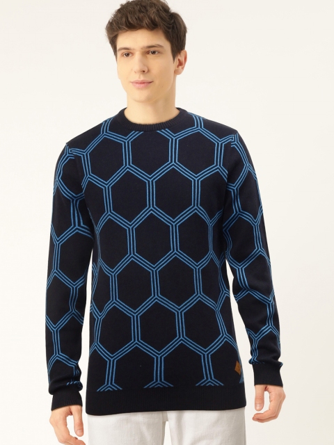 

United Colors of Benetton Men Navy Blue Honeycomb Patterned Pullover