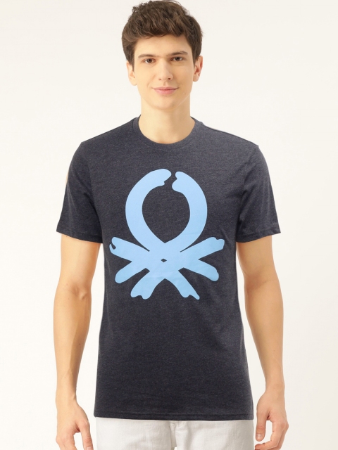 

United Colors of Benetton Men Blue Brand Logo Printed Round Neck T-shirt