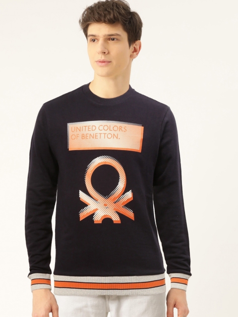 

United Colors of Benetton Men Navy Blue & Orange Brand Logo Print Sweatshirt