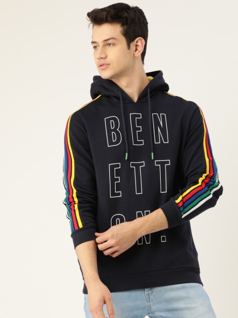 

United Colors of Benetton Men Navy Blue & White Brand Logo Printed Hooded Sweatshirt