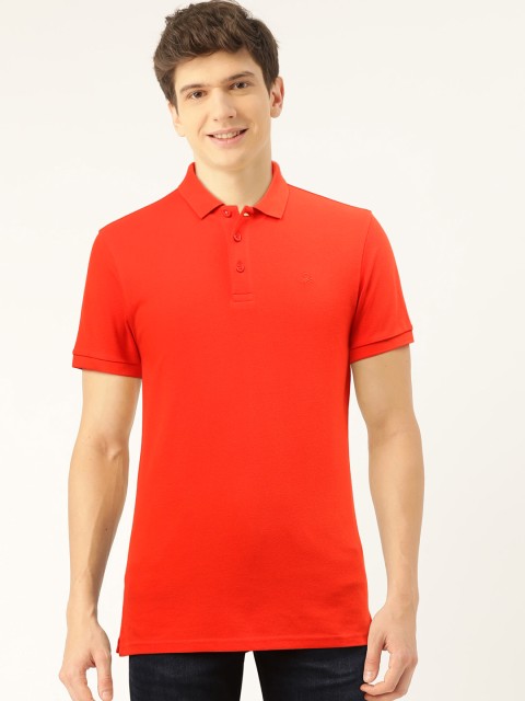 

United Colors of Benetton Men Coral Red Solid Polo Collar Pure Cotton T-shirt