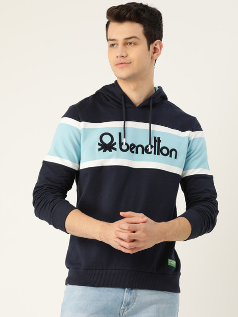 

United Colors of Benetton Men Blue Brand Logo Embroidered Detail Hooded Sweatshirt