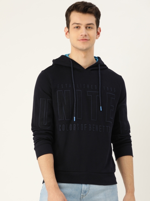 

United Colors of Benetton Men Navy Blue Brand Logo Embroidered Hooded Sweatshirt