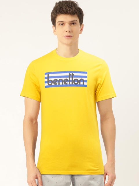 

United Colors of Benetton Men Yellow Brand Logo Printed Detail Striped Round Neck T-shirt