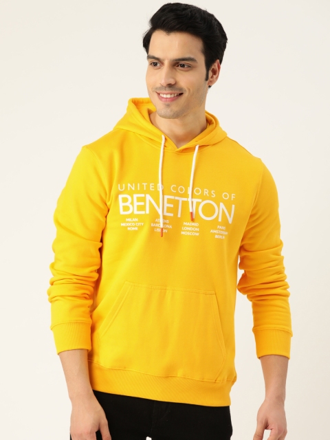 

United Colors of Benetton Men Yellow & White Brand Logo Printed Hooded Sweatshirt