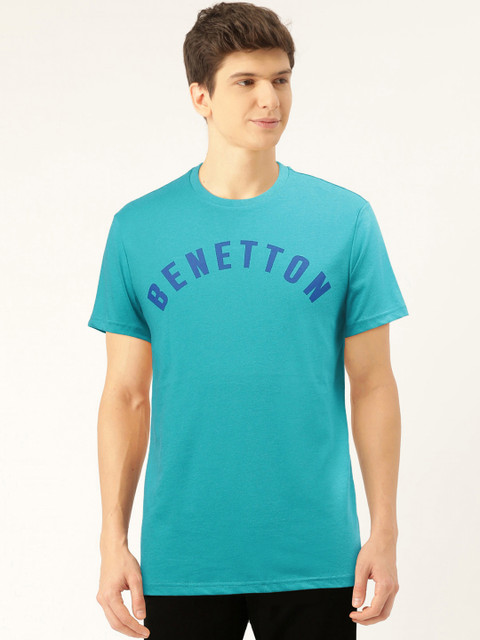 

United Colors of Benetton Men Sea Green & Blue Brand Logo Printed Round Neck T-shirt