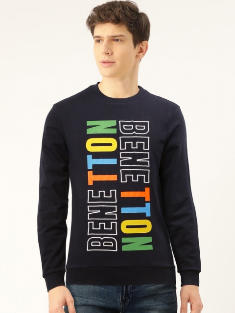

United Colors of Benetton Men Navy Blue & Yellow Typography Print Sweatshirt