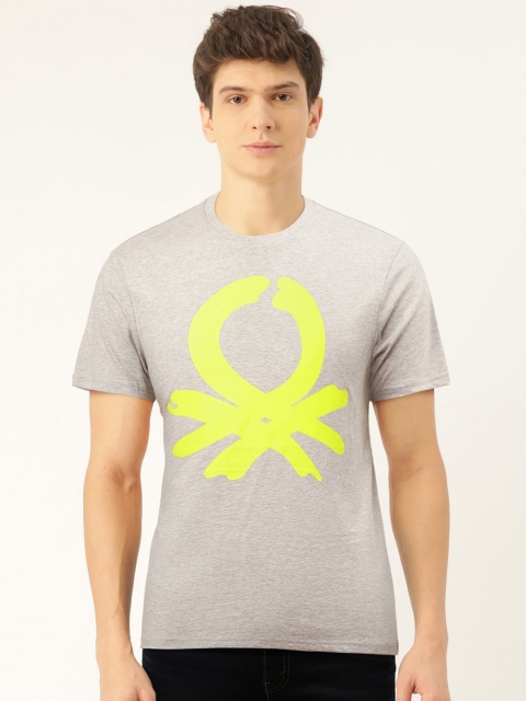 

United Colors of Benetton Men Grey Melange & Lime Green Brand Logo Print T-shirt