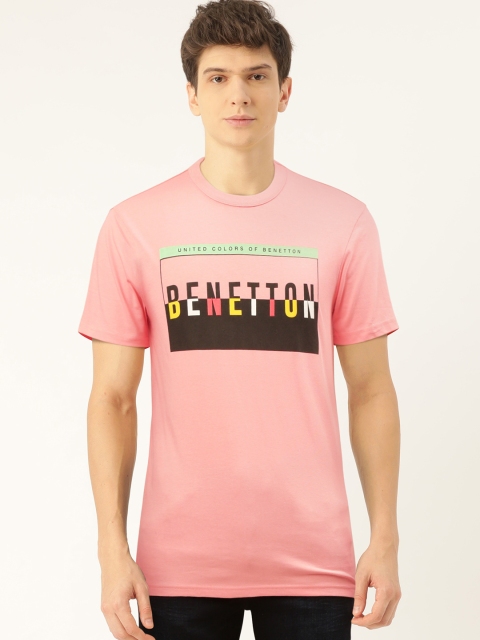 

United Colors of Benetton Men Pink & Black Brand Logo Printed Round Neck T-shirt