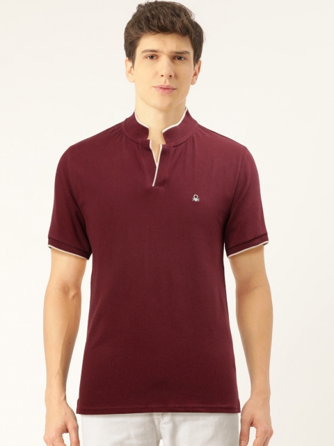 

United Colors of Benetton Men Maroon Solid Mandarin Collar T-shirt