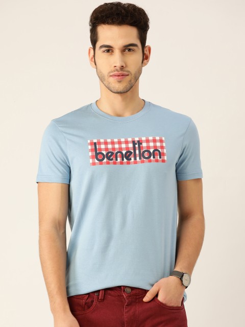

United Colors of Benetton Men Blue Brand Logo Print Round Neck T-shirt