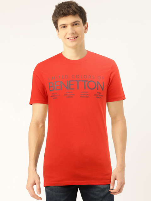

United Colors of Benetton Men Red Silver Brand Logo Printed Round Neck Pure Cotton T-shirt