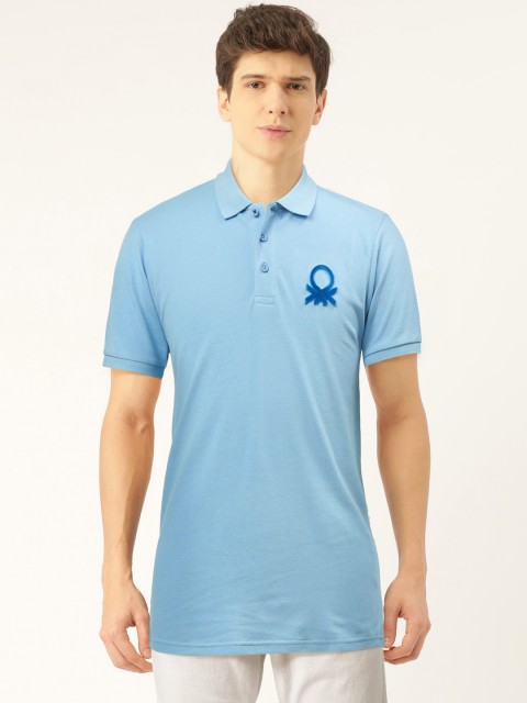 

United Colors of Benetton Men Blue Solid Polo Collar Pure Cotton T-shirt