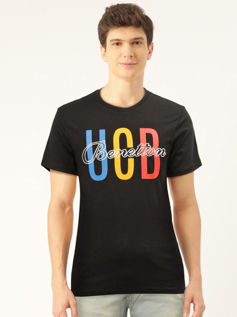 

United Colors of Benetton Men Black & Yellow Brand Logo Printed Round Neck T-shirt