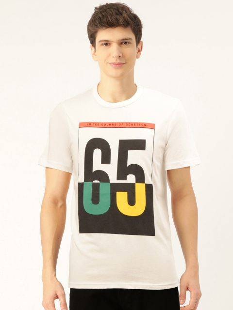 

United Colors of Benetton Men Off-White Black Printed Round Neck Pure Cotton T-shirt