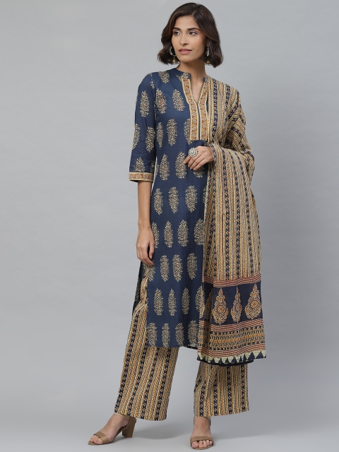 

Yuris Women Blue & Beige Ethnic Motifs Print Kurta with Palazzos & Dupatta