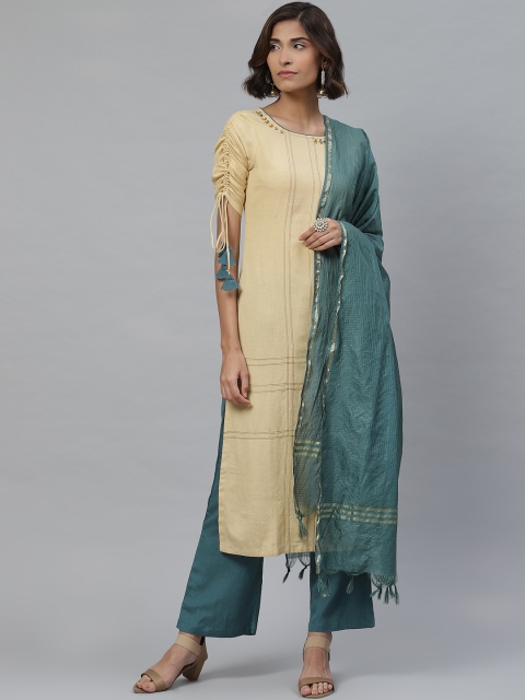 

Yuris Women Beige & Teal Blue Thread Work Kurta with Solid Palazzos & Dupatta